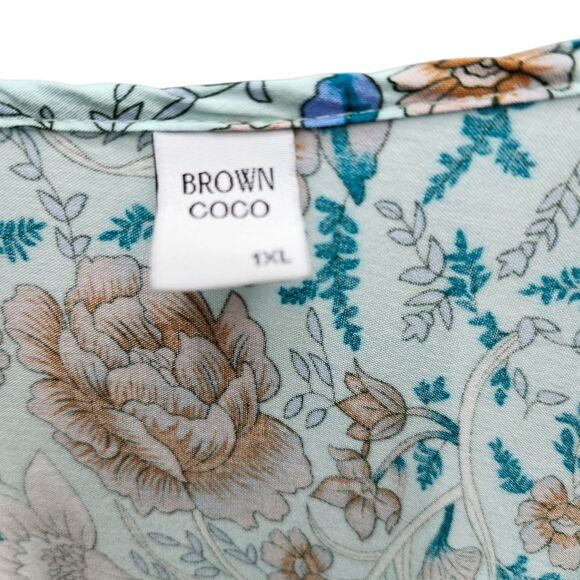 Brown Coco Bohemian Top Womens 1XL Green Blue Tan Front Ties Smocked Cuffs Boho - Picture 7 of 11